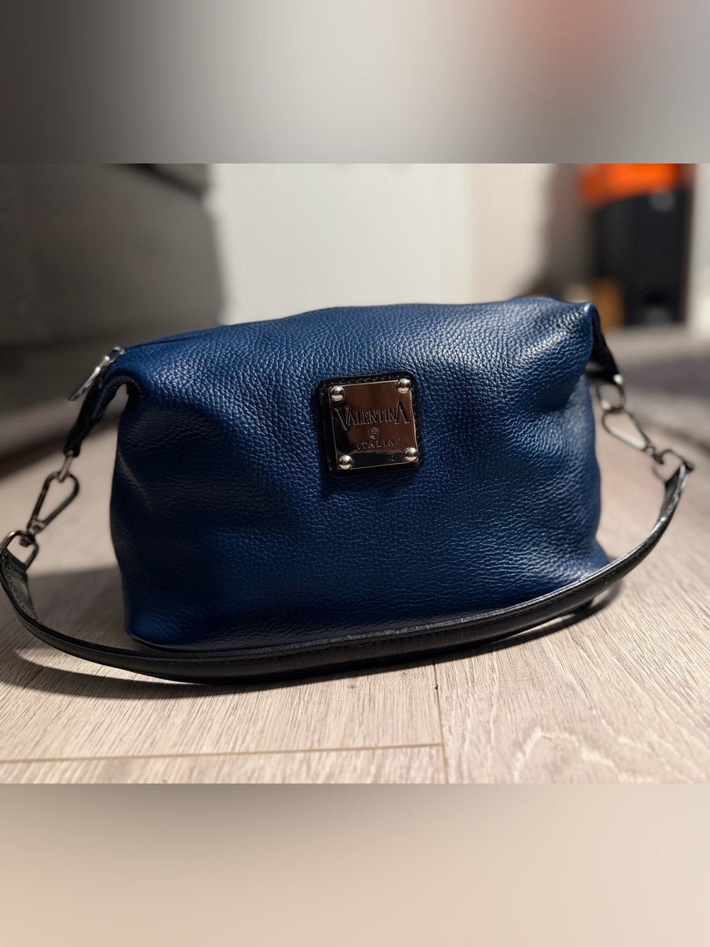 Valentina Navy Blue Pebbled Leather Crossbody with Black Strap - Picture 6 of 10